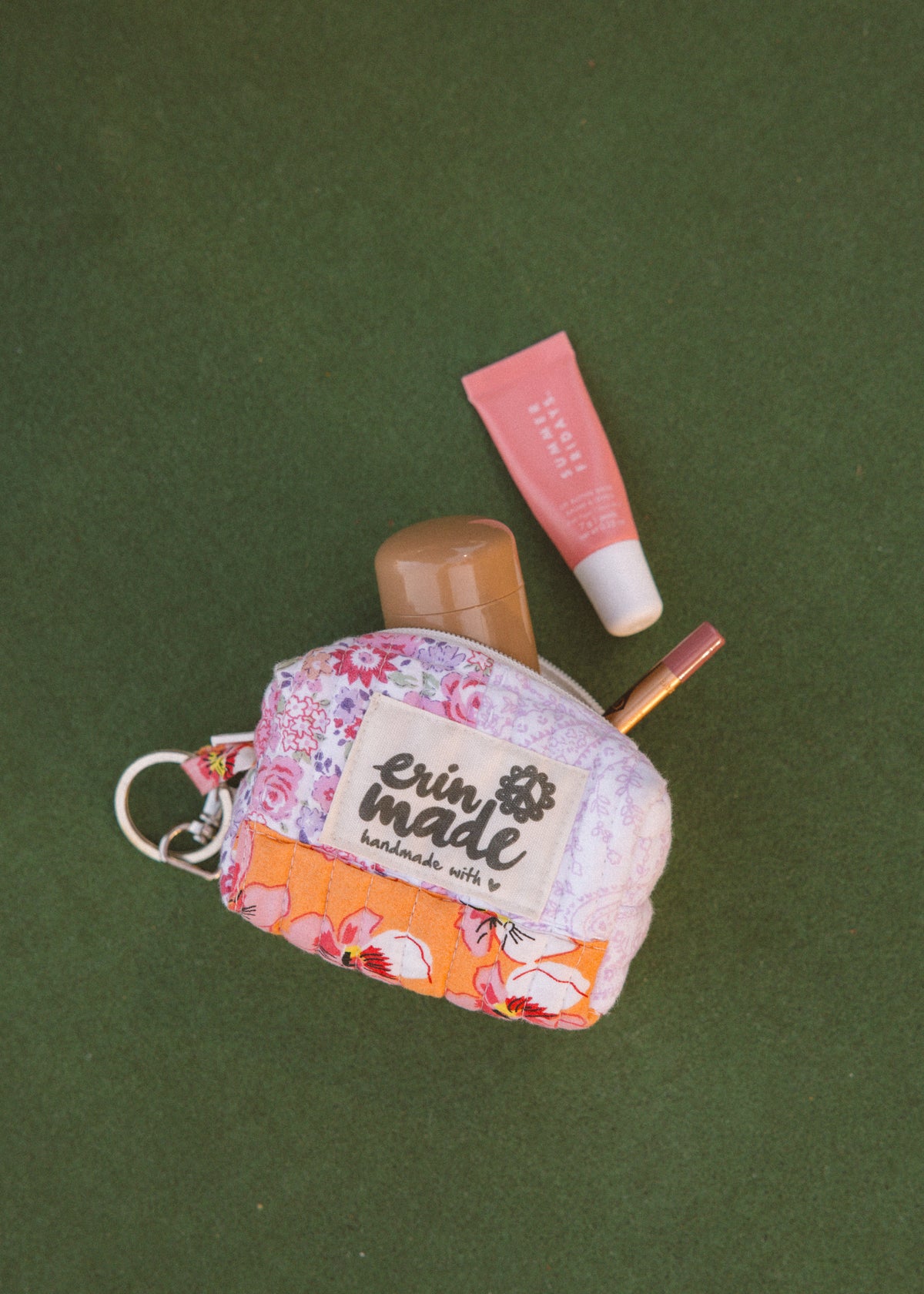 Mini Quilted Pouch Keychain - Coral